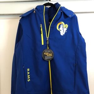 BRAND NEW LA Rams NFL Jacket in Large, Blue/Gold w/detachable hood
